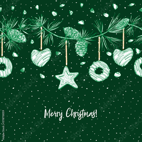 Christmas greeting card, Realistic Botanical ink sketch of colorful fir tree garland with pine cone and xmas gingerbread cookies Seamless border For holiday design flayer, menu Vector illustrations