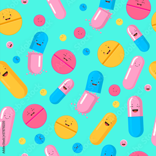 Funny pills seamless pattern. Red yellow cute smiling medicines pink blue antibiotic capsules fighting infections and viruses vector human health pharmaceutical kit.