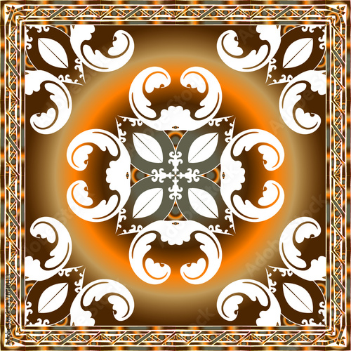 Decorative abstract colorful background, geometric floral doodle pattern with ornate lace frame. Tribal ethnic ornament. Bandanna shawl fabric print, silk neck scarf or kerchief design