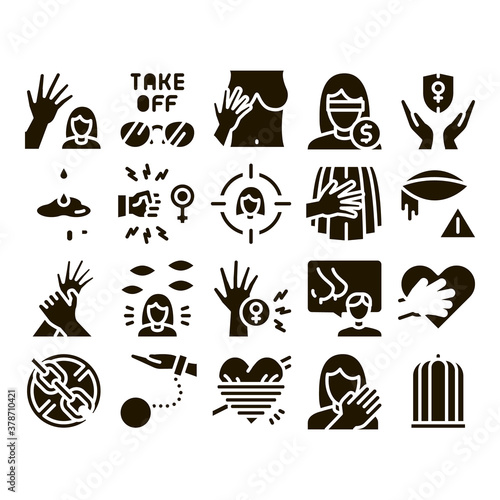 Sexual Harassment Glyph Set Vector. Victim And Woman Sexual Harassment, Molestation And Assault, Violent And Inappropriate Glyph Pictograms Black Illustrations
