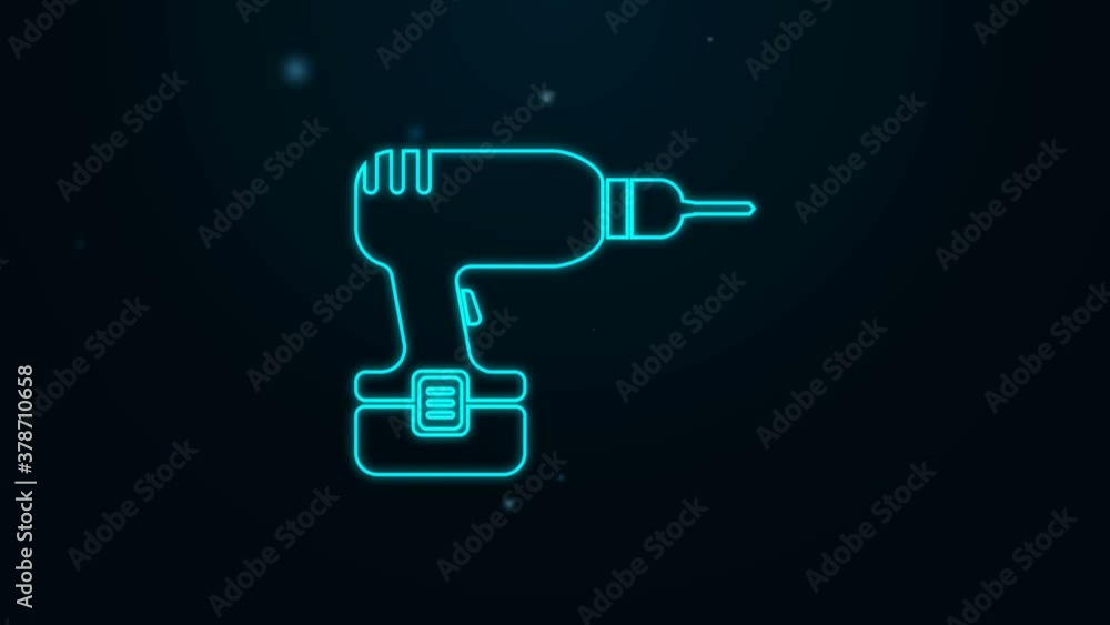 Glowing neon line Drill machine icon isolated on black background. 4K Video motion graphic animation. Glowing neon line Drill machine icon isolated on black background. 4K Video motion graphic animation.