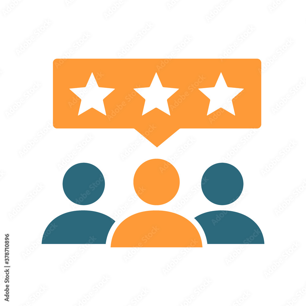 People with stars in chat bubble colored icon. Client satisfaction, happy customers, positive feedback symbol People with stars in chat bubble colored icon. Client satisfaction, happy customers, positive feedback symbol