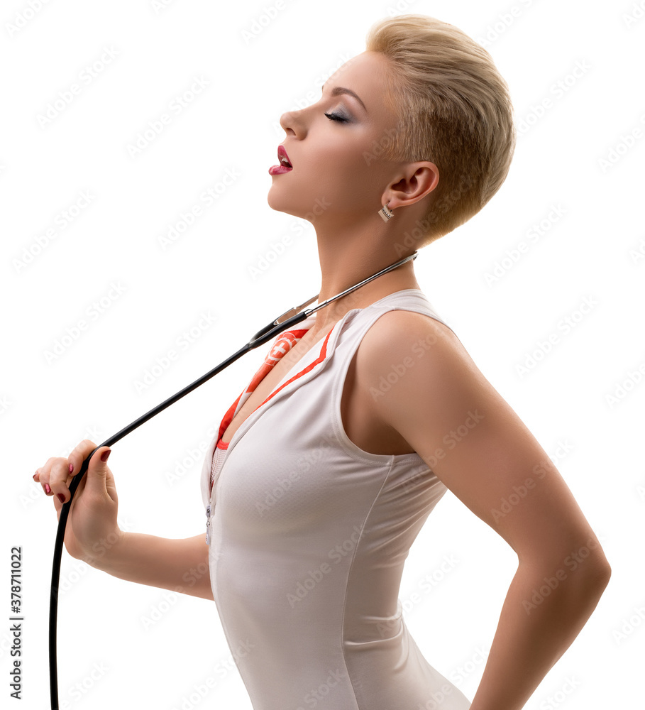Sexy blonde in slinky nurse style dress Stock Photo | Adobe Stock