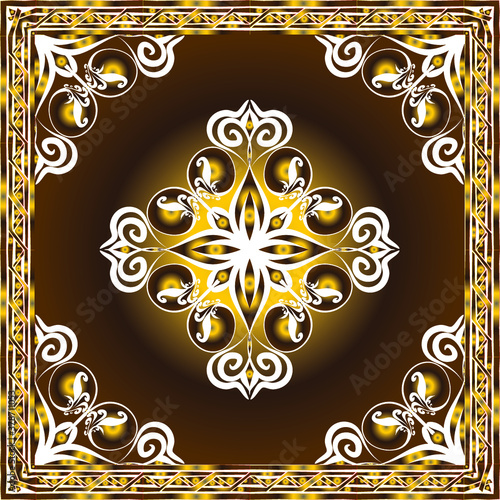 Decorative abstract colorful background, geometric floral doodle pattern with ornate lace frame. Tribal ethnic ornament. Bandanna shawl fabric print, silk neck scarf or kerchief design