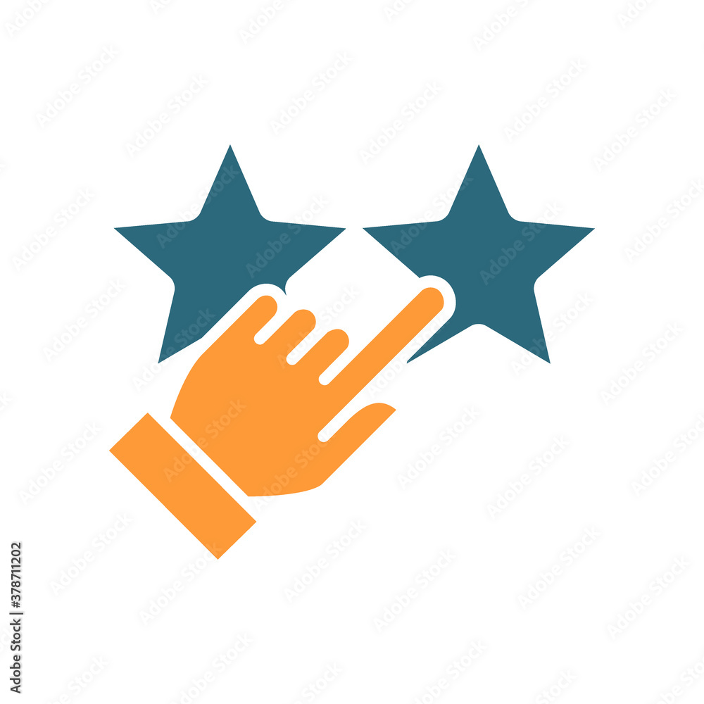 Hand puts two stars rating colored icon. Customer satisfaction related symbol Hand puts two stars rating colored icon. Customer satisfaction related symbol