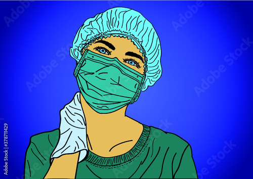 Young caucasian woman doctor nurse in surgical mask looks tired