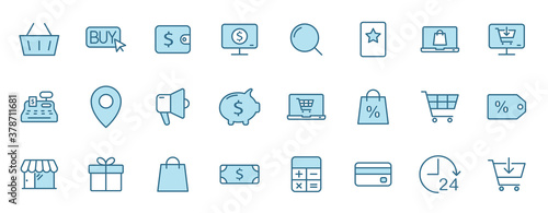 e commerce outline vector icons in two colors isolated on white. e commerce blue icon set for web and ui design, mobile apps and print products