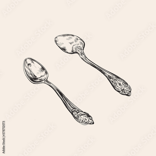 Hand Drawn Sketch A Pair of Vintage Spoons. Hand Drawing Vector Illustration.