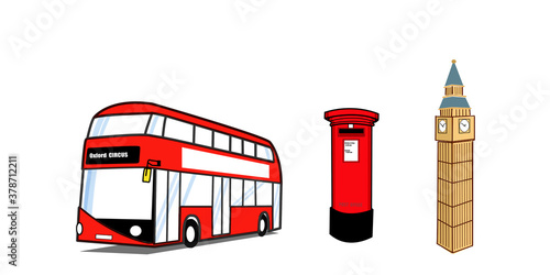  Travel England public transport .Red double decker bus .Flat icon style concept design. Model of a Red Bus and Big Ben on top of a Map of london