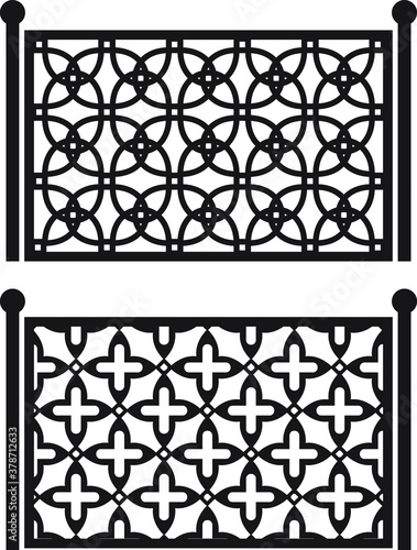 Steel railing panels that include balls, flowers, leaves and rosettes. Aluminum handrail, vector construction. Use these decorative iron cross bars to create a unique window guard or balcony railing.