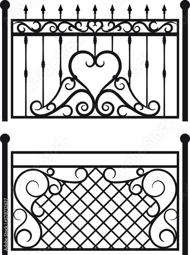 Steel railing panels that include balls, flowers, leaves and rosettes. Aluminum handrail, vector construction. Use these decorative iron cross bars to create a unique window guard or balcony railing.