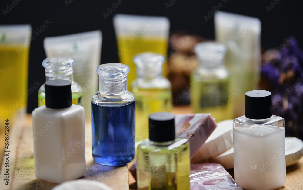 The bottles of shampoo and soap The bottles of shampoo and soap