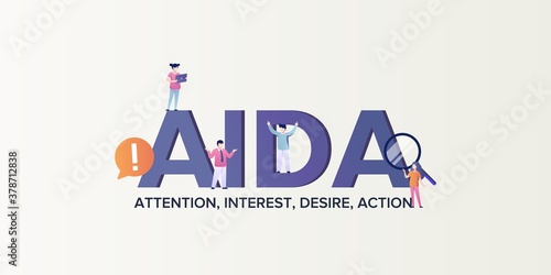 Aida marketing model of consumption . Attention to client causing his interest desire to act and make purchases corporate management advertisement scheme promoting flat vector advertising.