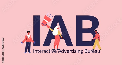 IAB interactive advertising bureau. Marketing information business and promotion of services through media social technologies inactive interaction commercial relations and vector management. photo