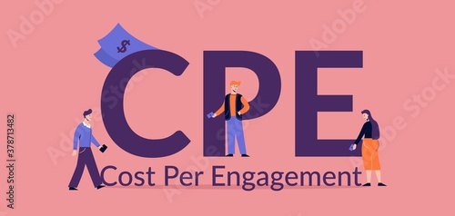 CPE cost per engagement illustration. Marketing advertising promotion business optimization electronic web management service with monetary strategy and paid vector information.