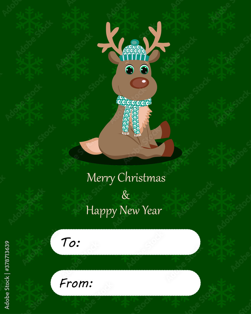 Fototapeta premium Merry Christmas and Happy New Year card with cute animal. Perfect for greeting cards, party invitations, posters, stickers, pin, scrapbooking, icons.Vector illustration.