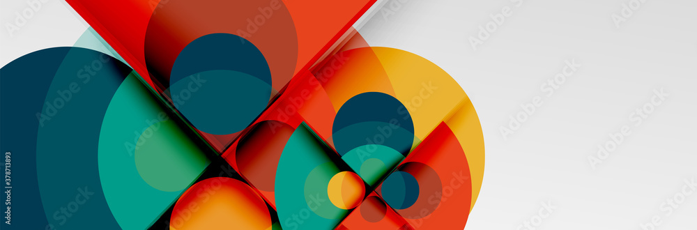 Bright color circles, abstract round shapes and triangles composition with shadow effects. Vector modern geometric design template Bright color circles, abstract round shapes and triangles composition with shadow effects. Vector modern geometric design template