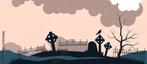 Ancient cemetery at dawn background. Old crosses and gravestones silhouettes with sitting raven destroyed fences unkempt burials gloomy forgotten religious burials with use of ancient vector magic.