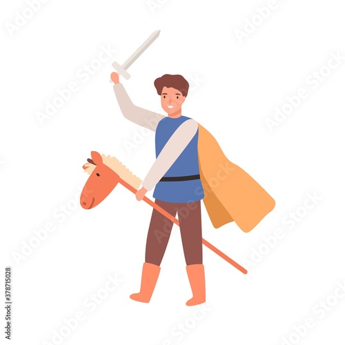 Cute knight boy in cloak holding sword on horse stick toy vector flat illustration. Child actor play warrior in theater performance. Joyful brave male kid in carnival costume isolated on white