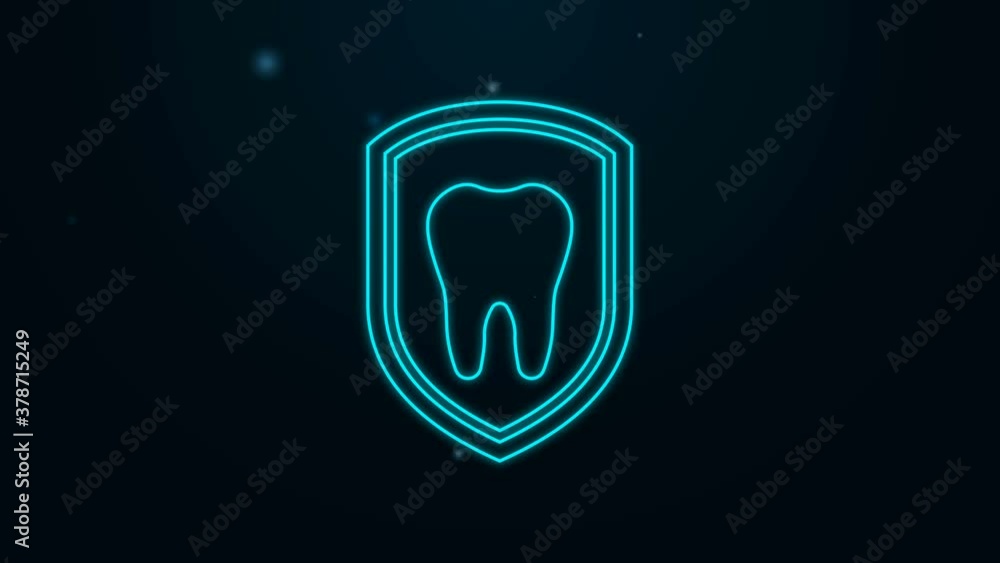 Glowing neon line Dental protection icon isolated on black background. Tooth on shield logo icon. 4K Video motion graphic animation. Glowing neon line Dental protection icon isolated on black background. Tooth on shield logo icon. 4K Video motion graphic animation.