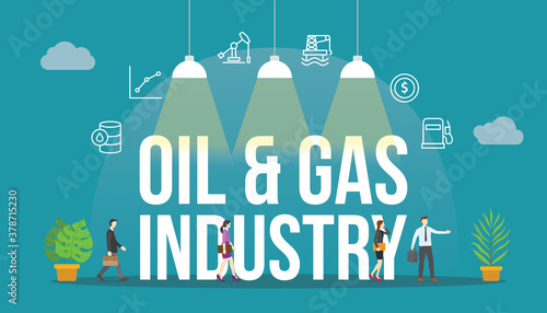 oil and gas industry concept with people and big text word and related icon flat