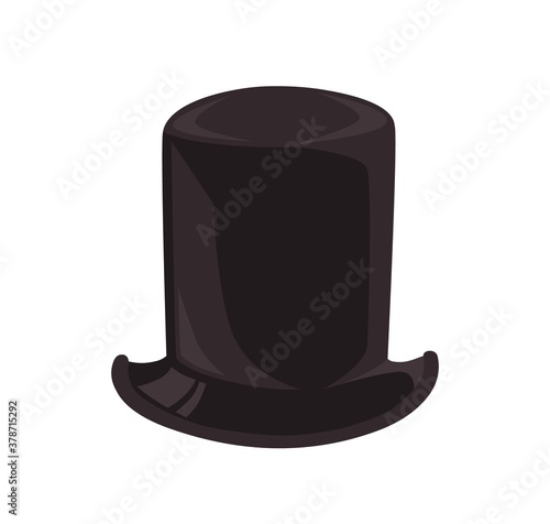 Black classical cylinder hat vector flat illustration. Fashionable gentleman headwear isolated on white background. Stylish male headdress with brim. Vintage head accessory