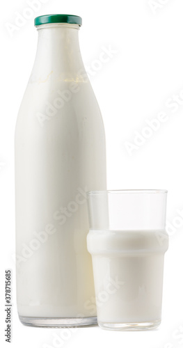 Glass bottle and cup of fresh milk isolated