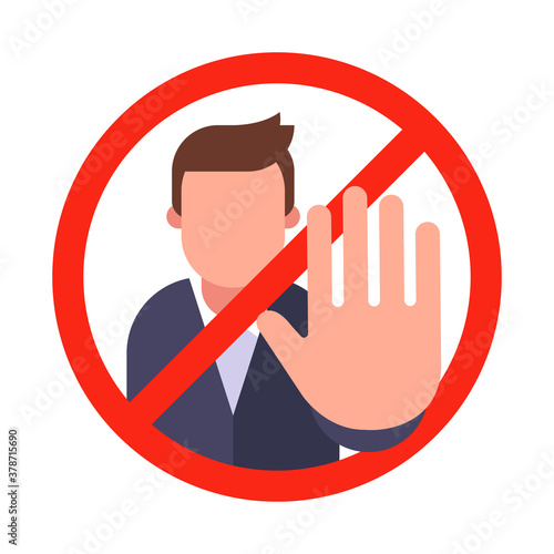 red ban sign. man shows stop sign with hand. flat vector illustration isolated on white background.