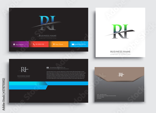Clean and simple modern Business Card Template, with initial letter RI logotype company name colored blue and green swoosh design. Vector sets for business identity, Stationery Design.