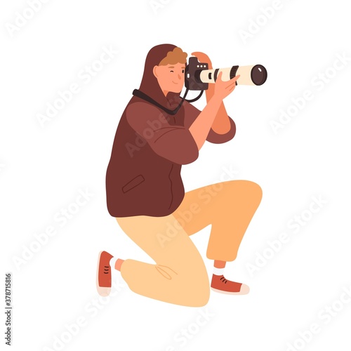 Smiling male professional photographer standing on knee take photo holding camera with telephoto lens vector flat illustration. Modern reporter photographing with dslr equipment isolated on white