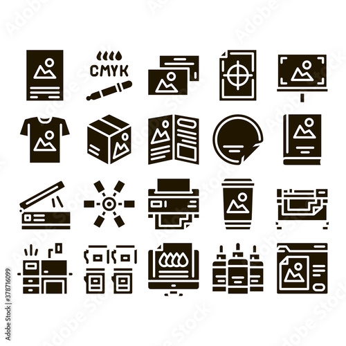 Polygraphy Printing Service Icons Set Vector. Polygraphy And Scanner Equipment And ink, Paper List With Picture And Cup Glyph Pictograms Black Illustrations