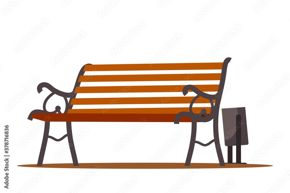 City park bench with bin outdoor background. Urban landscape vector illustration. Wooden cartoon elements, front view of summer recreation furniture. Empty modern vintage seat