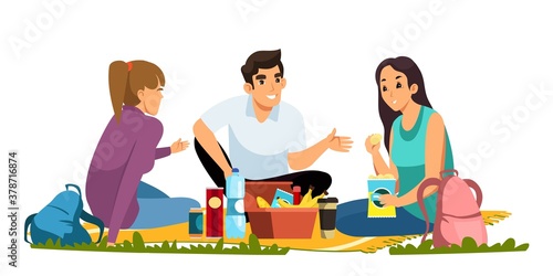 Man and women having picnic illustration. Healthy lifestyle outdoor vector. Young guy and two girls sitting on mat with food