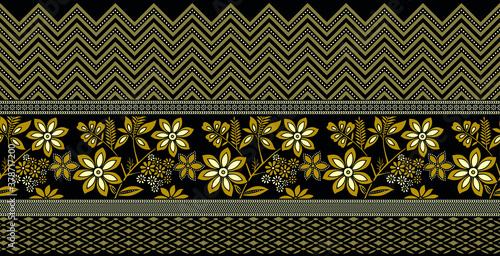 Seamless floral border on dark background with geometrical shapes