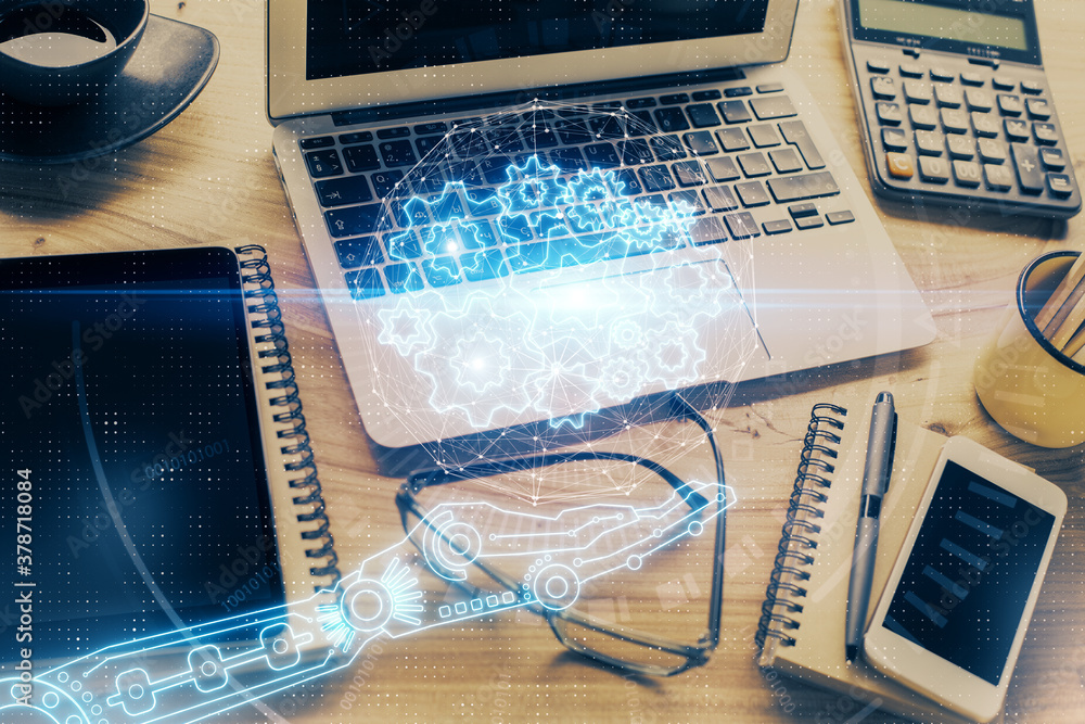 Double exposure of table with computer on background and data theme drawing. Concept of innovation. Double exposure of table with computer on background and data theme drawing. Concept of innovation.