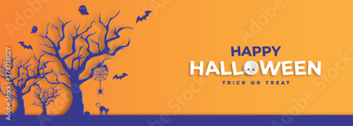 Happy Halloween tricks or treats with pumpkins, bats, spiders, cats, ghosts and creepy trees. Graphic design for Halloween. paper cut and craft style. vector, illustration.