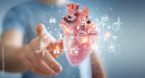 Quadro em tela Man using digital x-ray of human heart holographic scan projection 3D rendering