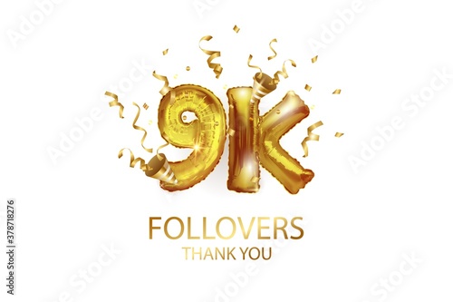 9 thousand. Thank you, followers. 3D vector illustration for blog or post design. 9K gold sign made of foil gold balls with confetti on a white background. Holiday banner in social networks. photo