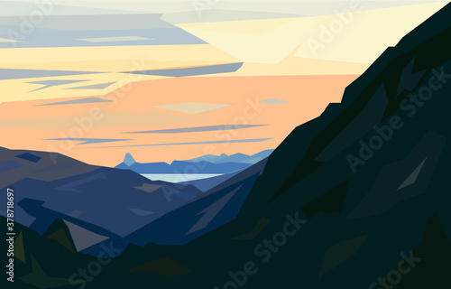 Fototapeta Naklejka Na Ścianę i Meble -  Landscape with silhouettes of mountains and forests at sunset. For prints, posters, wallpaper, background.