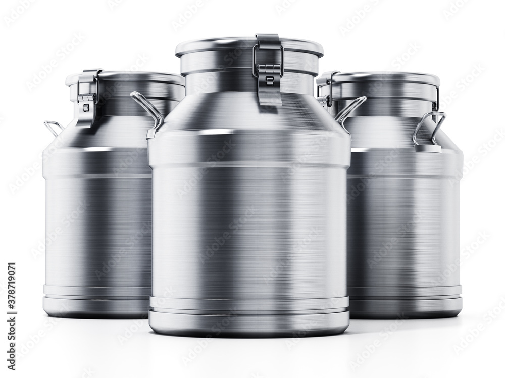 Metal retro milk cans isolated on white background. 3D illustration Metal retro milk cans isolated on white background. 3D illustration