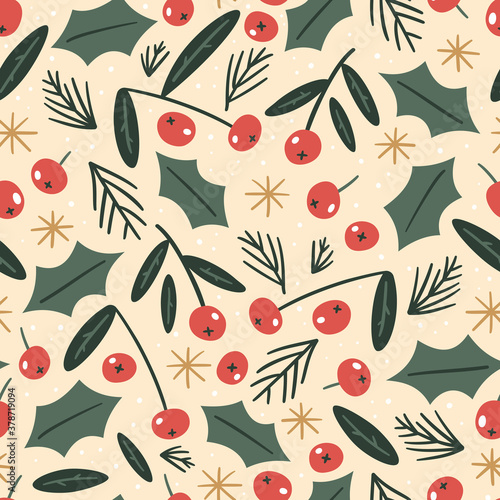 Hand drawn floral seamless pattern with traditional Christmas elements, holly leaves and berries. Vintage style. 