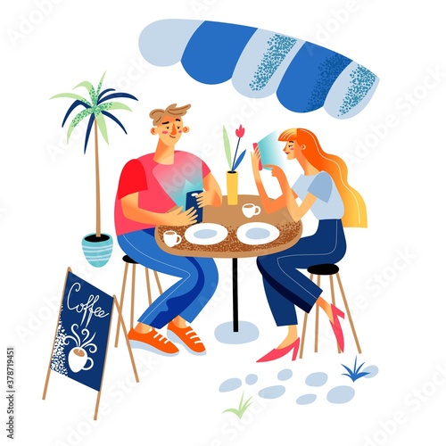 Man and woman couple using digital gadget in cafe. Wife and husband family networking via smartphone ignoring each other. Technology social media network online communication addiction. Vector.