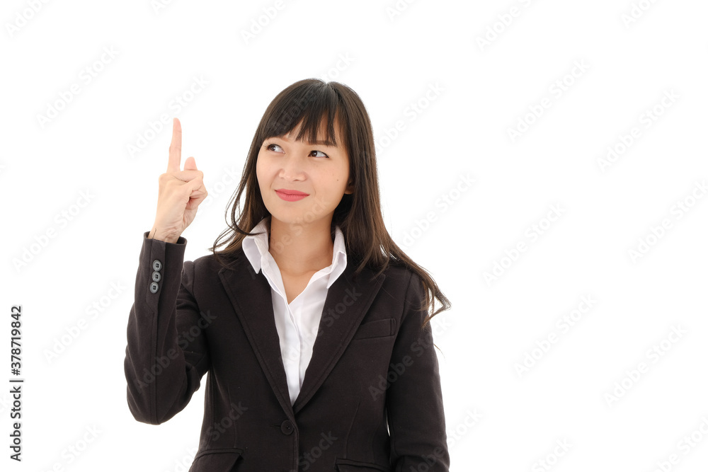 Happy asian business woman wearing a black suit and pointing up ,isolated on white background. Happy asian business woman wearing a black suit and pointing up ,isolated on white background.