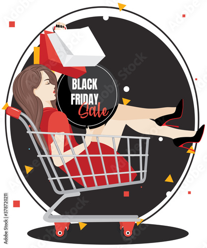 Happy Woman Make Shopping On Sale Using gift box. Female Character Near Gift Box With Bow.Concept Of Discount black friday sale Program.woman fridaysale photo