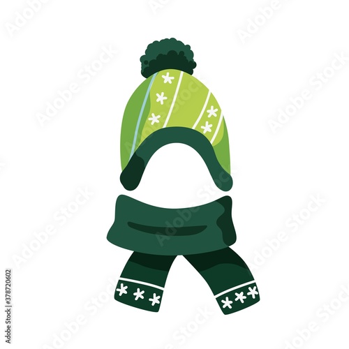 Cute green childish bobble hat and scarf vector flat illustration. Woolen warm seasonal headdress with pompom for kids isolated. Winter accessories for head decorated with strips and snowflakes