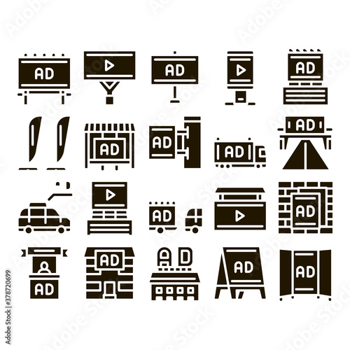 Outdoor Media Advertising Promo Icons Set Vector. Advertising Billboard And Tablet, Poster And Banner, Advertise On Car And Building Glyph Pictograms Black Illustrations