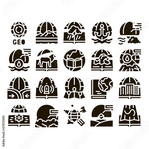 Geography Education Glyph Set Vector. History And Urban Geography, Climatology And Oceanology, Meteorology And Hydrology Glyph Pictograms Black Illustrations