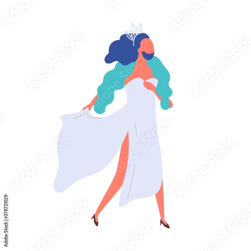 Homosexual bearded male walking in elegant evening dress vector flat illustration. Man transgender with blue hair wearing crown demonstrate freedom isolated on white. Person lgbt community member