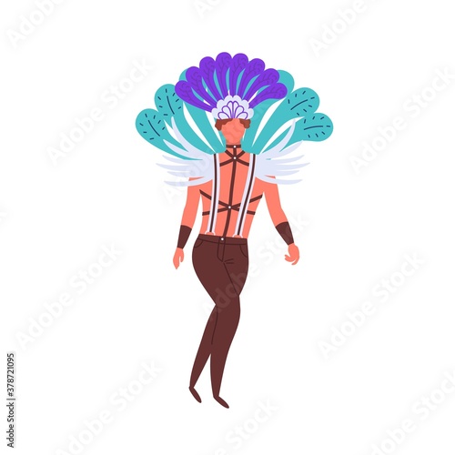 Lgbt man in costume with bright feather and leather bdsm suspender vector flat illustration. Homosexual guy walking in festive garment isolated on white. Male gay in carnival feathers and wings