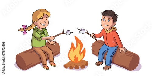 Kids on camping trip. Little boy and girl scouts roast marshmallows on campfire. Outdoor adventure scene vector illustration. Cute school students on summer vacation